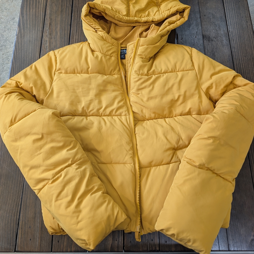 Mustard Cropped Puffer Jacket With Hood